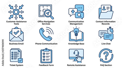 Professional Corporate Support Graphics with Customer Assistance Tools Office Navigation Services and Communication Management Icons