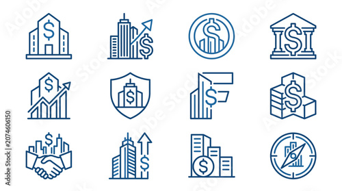 Modern corporate finance logo design with elegant dollar sign seamlessly merged into sleek urban skyscraper silhouette representing banking and investment identity in minimalist flat style f