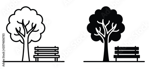 Foto Minimalist park bench and tree icon set, black and white vector illustrations of