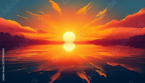 Sunset Of Sundown With A Sun Reflection In The Water Dawn Or Dusk Sun Icon With A Water Reflections