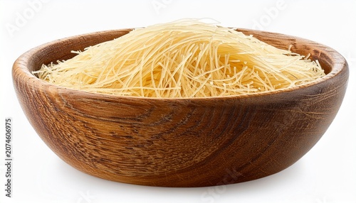 Uncooked Vermicelli Pasta In Wooden Bowl Isolated On White Background With Clipping Path