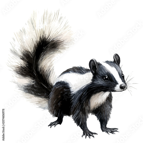 Photos Skunk, vibrant watercolor vector illustration with flowing and detailed brush strokes, isolated on a white background
