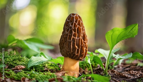 Vertical Nature Shot Of A Verpa Bohemica Early Morel Mushroom Growing In The Forest The Brown Wrinkled Cap Is Framed By Bright Fresh Green Leaves Creating A Vibrant Contrast