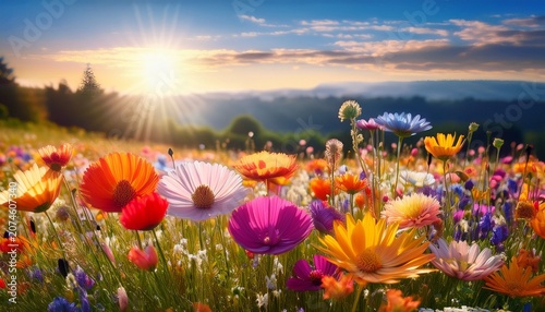 Vibrant Colorful Flowers In A Sunny Meadow