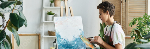 Tablou pe pânză A young woman enjoys her artistic hobby, painting a vibrant piece in her welcomi
