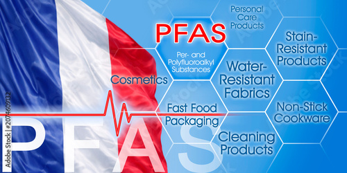 PFAS, PFOS AND PFOA SYNTHETIC SUBSTANCES USED IN CONSUMER PRODUCTS AND MATERIALS FOR THEIR WATER-RESISTANT PROPERTY - CONCEPT WITH FRENCH FLAG