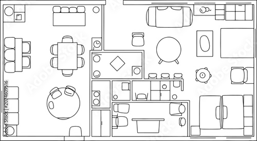 Obraz na płótnie Top view apartment layout for house design architectural plan, home furniture in blueprint style, floor plan with various pieces of modern and classic room decor