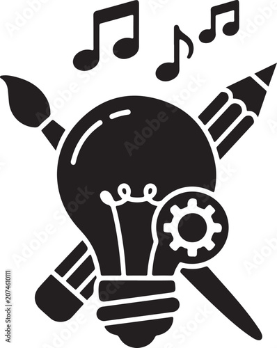 Creative inspiration light bulb with art and music