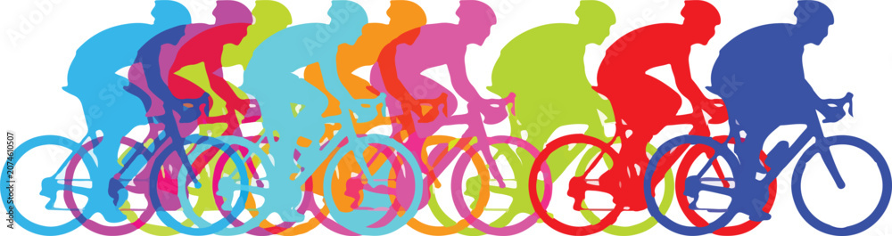 Obraz premium A vibrant illustration of a group of cyclists in a race, depicted in a series of colorful, overlapping silhouettes. 