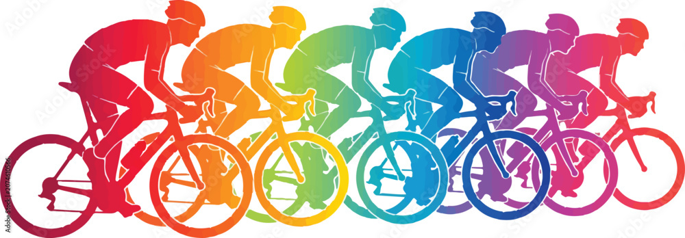 Obraz premium A vibrant illustration of a group of cyclists in a race, depicted in a series of colorful, overlapping silhouettes. 