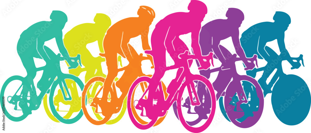 Obraz premium A vibrant illustration of a group of cyclists in a race, depicted in a series of colorful, overlapping silhouettes.
