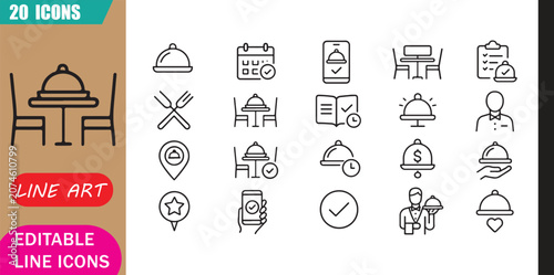 Fotografi Isolated restaurant reservation icons set, 20 editable line art icons set, resta
