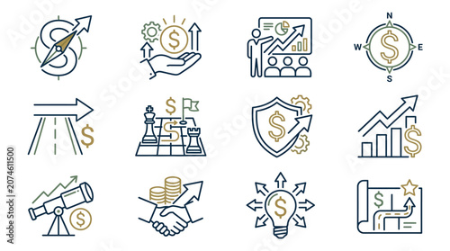 Professional financial consulting logo design featuring elegant dollar sign and strategic direction elements for corporate business identity