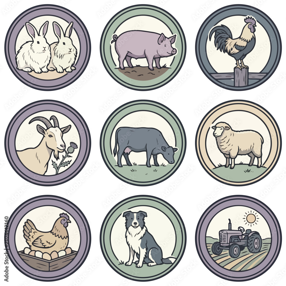 Obraz premium Set of Nine Farm Animal and Agricultural Themed Circular Icons.