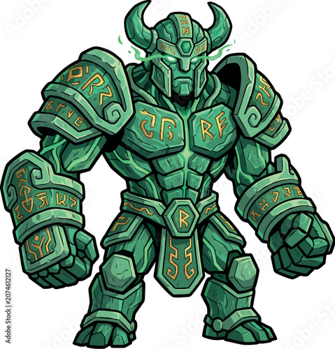 Canvas Print Forest Guardian: Ancient green tribal stone golem warrior with runic patterns