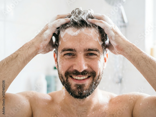 Close-up smiling man washing hair in shower with shampoo foam. Wet hair, water droplets on skin, bright clean bathroom background. Fresh, hygienic, relaxed lifestyle moment.