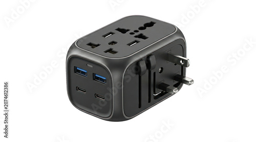Universal travel adapter with multiple USB charging ports isolated on a transparent background. Ideal for international travel, mobile charging, power adapters, electronic accessories, travel essentia