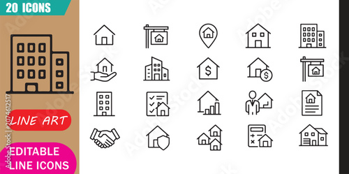 Foto Isolated real estate property icons set, 20 editable line art icons set, real es