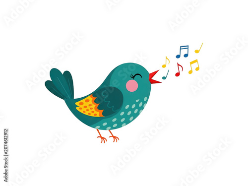 Cute blue bird singing with musical notes coming out of its beak