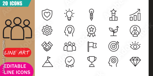 Fotografie Isolated core values icons set, 20 editable line art icons set, core values, inn