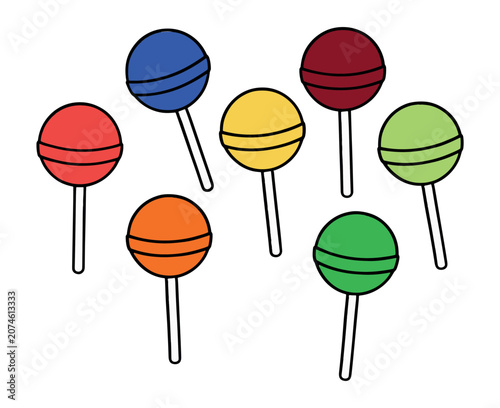 Cuadro en lienzo Colorful round lollipops with white sticks, flat candy