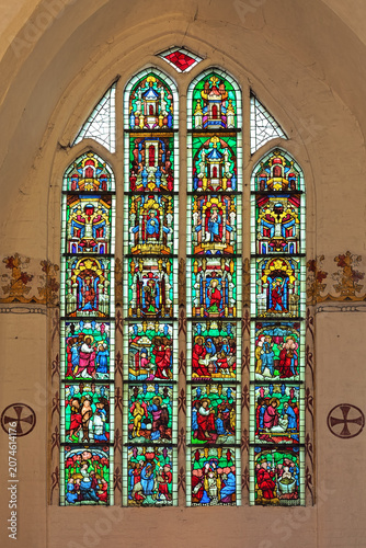 Wismar, Germany. Stained glass window in the chapel of the Hospital Church of the Holy Spirit. It was created in the late 14th century and attributed to the famed northern German master Master Bertram