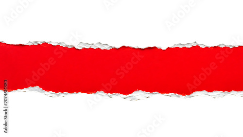 Red torn paper strip with rough ripped white edges for banner label message and creative advertising design empty copy space isolated on a transparent background
