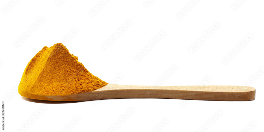 Obraz premium Turmeric (Curcuma) powder pile in wooden spoon isolated on white background, side view