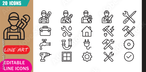Isolated handyman service icons set, 20 editable line art icons set, handyman, plumber electrician carpenter, repair maintenance contractor, home installation service theme style, clean outline vector