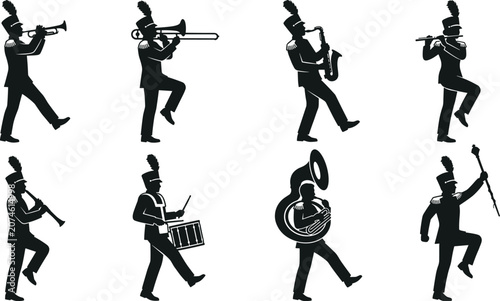 Принти на полотні Marching Band Silhouette Set with Musicians Playing Trumpet Trombone Saxophone F