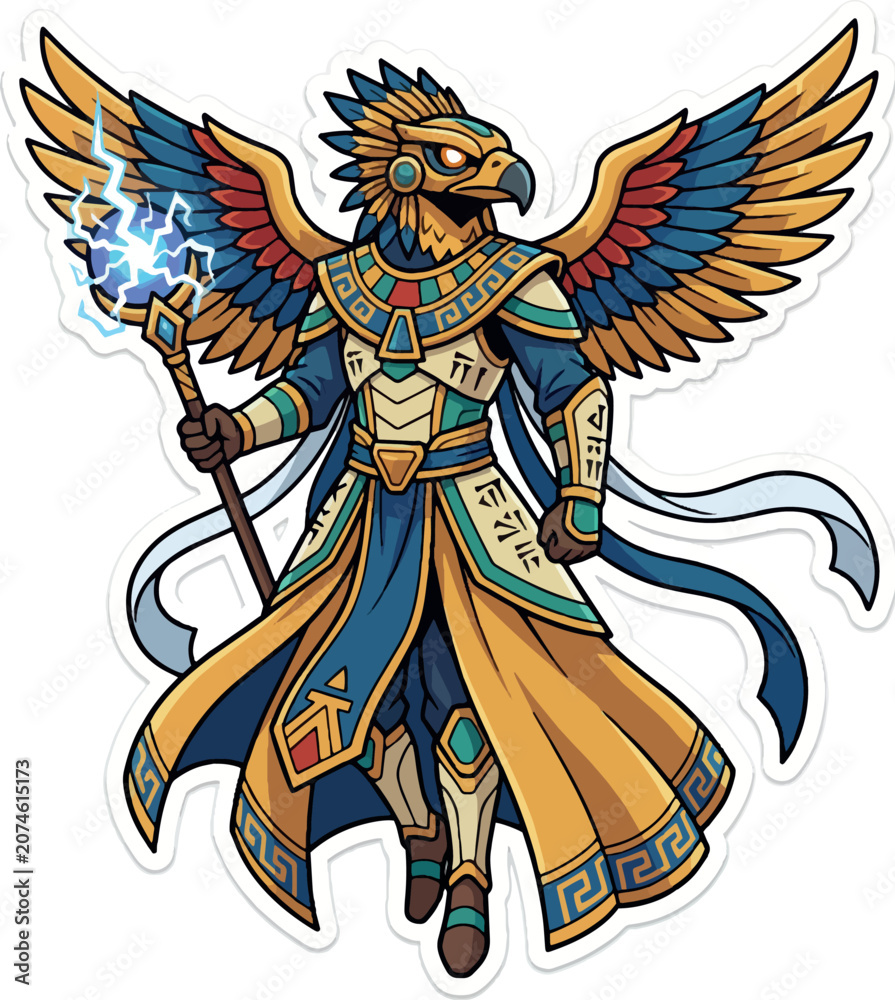 Fototapeta premium Horus Paladin: Ancient Egyptian bird falcon god warrior holding a magic staff crest
