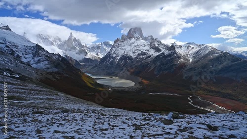 Aerial Panoramic View of Fitz Roy Massif and Cerro Torre with Autumn Lenga Forest, Patagonia Argentina