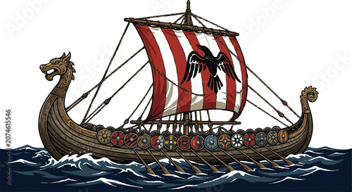 Quadro su tela Historic Norse Viking Ship with Shields and Sail