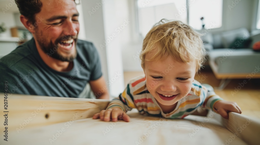 Fototapeta premium Father and Child Playing in Wooden Blocks, Happy Family Moment