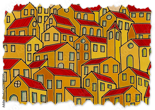 Imaginary city inspired by the old Tuscan towns - Retro style concept image with recycled cardboard with torn edges - I'm the copyright owner of the graffiti images used in this picture