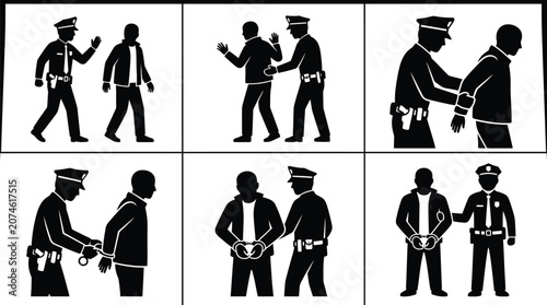 Obraz na plátně Police Officer Arresting A Suspect Six Panel Illustration Silhouette