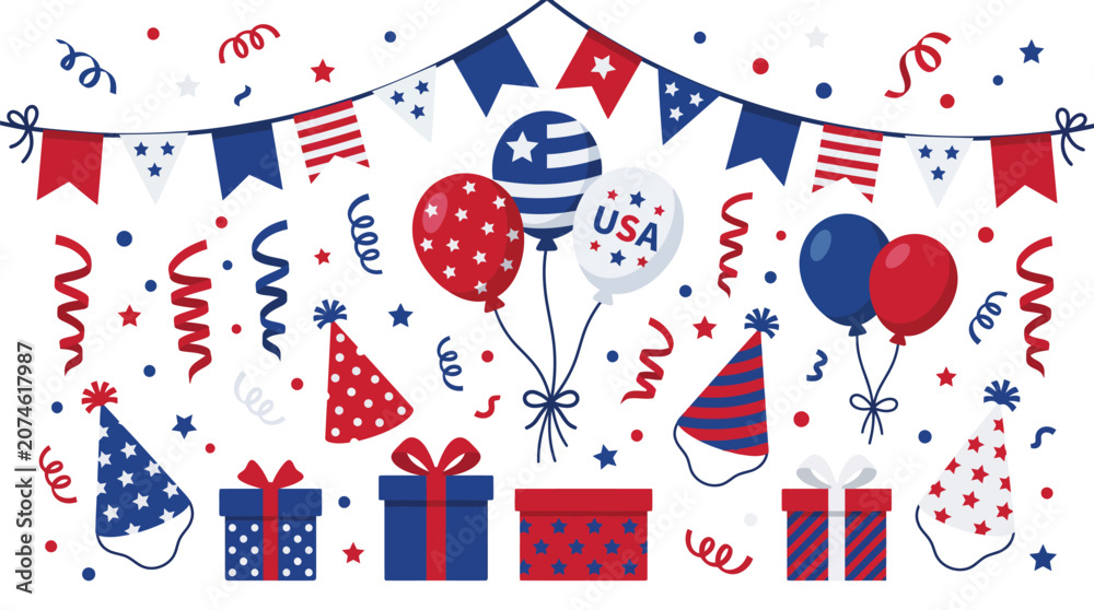 Obraz premium Patriotic vector graphic illustration featuring red white and blue party decorations including balloons confetti gift boxes and festive bunting flags designed for celebrating independence day 
