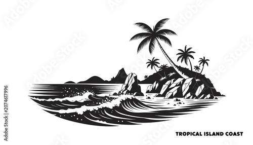 Bilde på lerret Very beautiful black and white vector of a TROPICAL ISLAND COAST with a bold lab