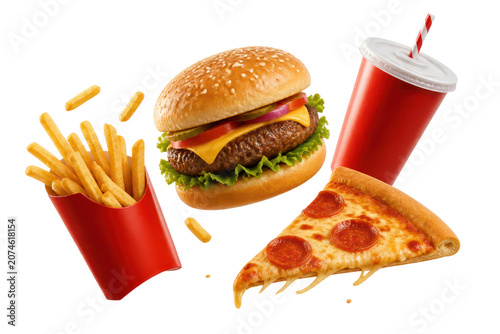 Принти на полотні Cheeseburger fries pizza and soda fast food combo