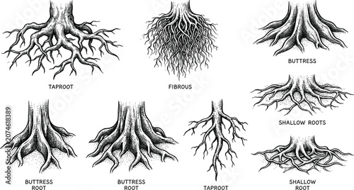 Photos Different types of tree root systems illustration in black and white