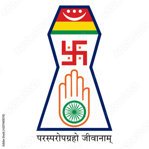Jainism religious symbol with Ahimsa hand, swastika and chakra vector icon