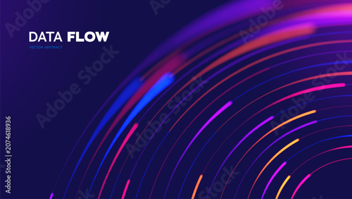 Data Flow Abstract Background With Glowing Neon Curved Lines For Technology, AI, Big Data, Digital Networks. Analytics Platforms, Cloud Services, Telecom Branding, Data Streams. Vector Illustration.