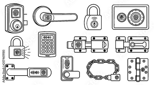 Collection of smart door locks and security hardware line art illustrations.
