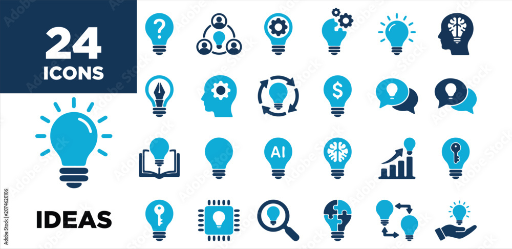 Fototapeta premium 24 Light Bulb Icons Set for Business Ideas, Innovation, Creativity, and Artificial Intelligence