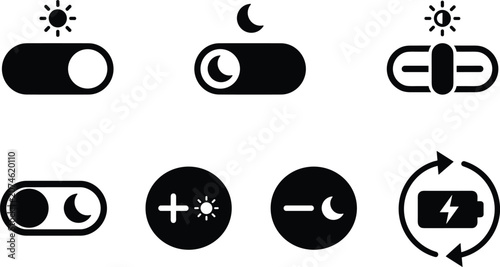 Photos Screen brightness and battery power interface toggle icons set including sun moon link plus minus charge