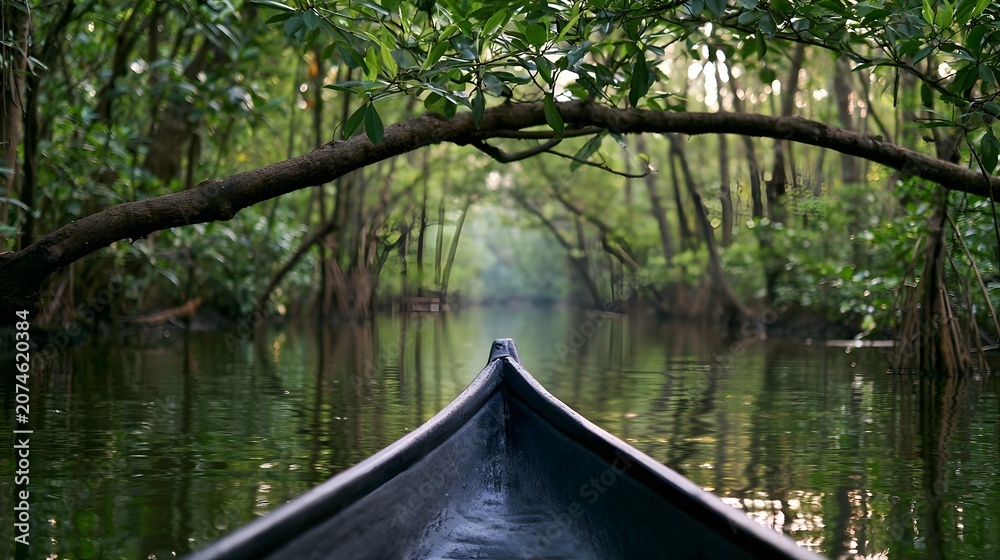 Fototapeta premium A sleek gondola navigates through a serene mangrove forest offering an inviting and tranquil journey through lush tropical waters