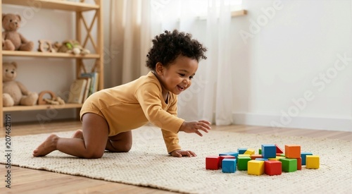 African toddler crawling toward colorful wooden blocks on rug. Smiling baby boy in mustard onesie playing indoors. Early learning and motor skills development