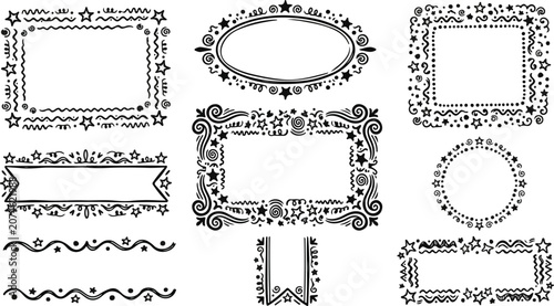 Obraz na plátně Decorative hand drawn star and swirl border frames vector set