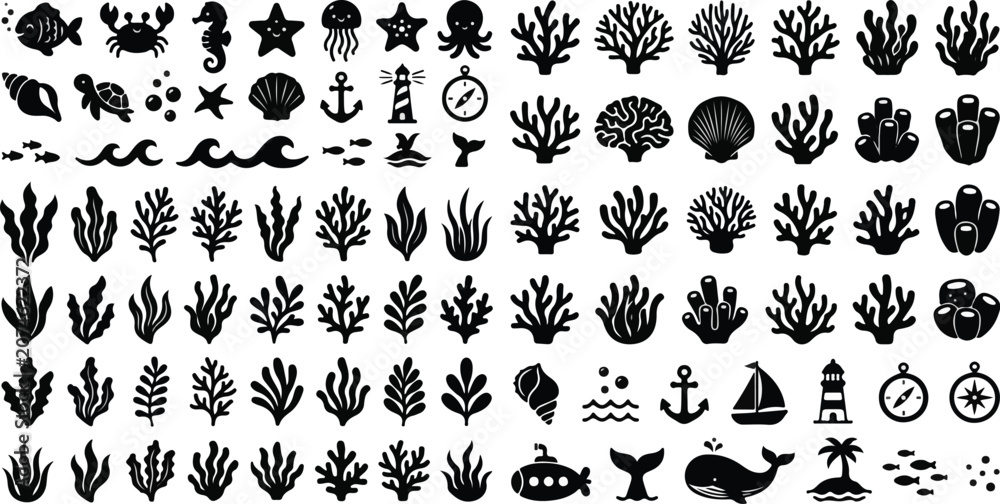 Fototapeta premium Grid pattern collection of marine life silhouettes vector elements
