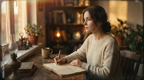 Woman writing in a cozy room.